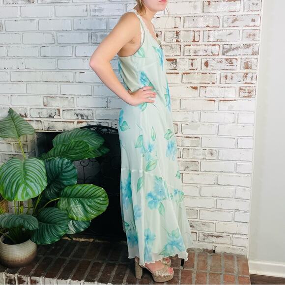 Vintage 90s R&M Richards Pastel Green Blue Floral Sleeveless Asymmetrical Maxi - Picture 2 of 7